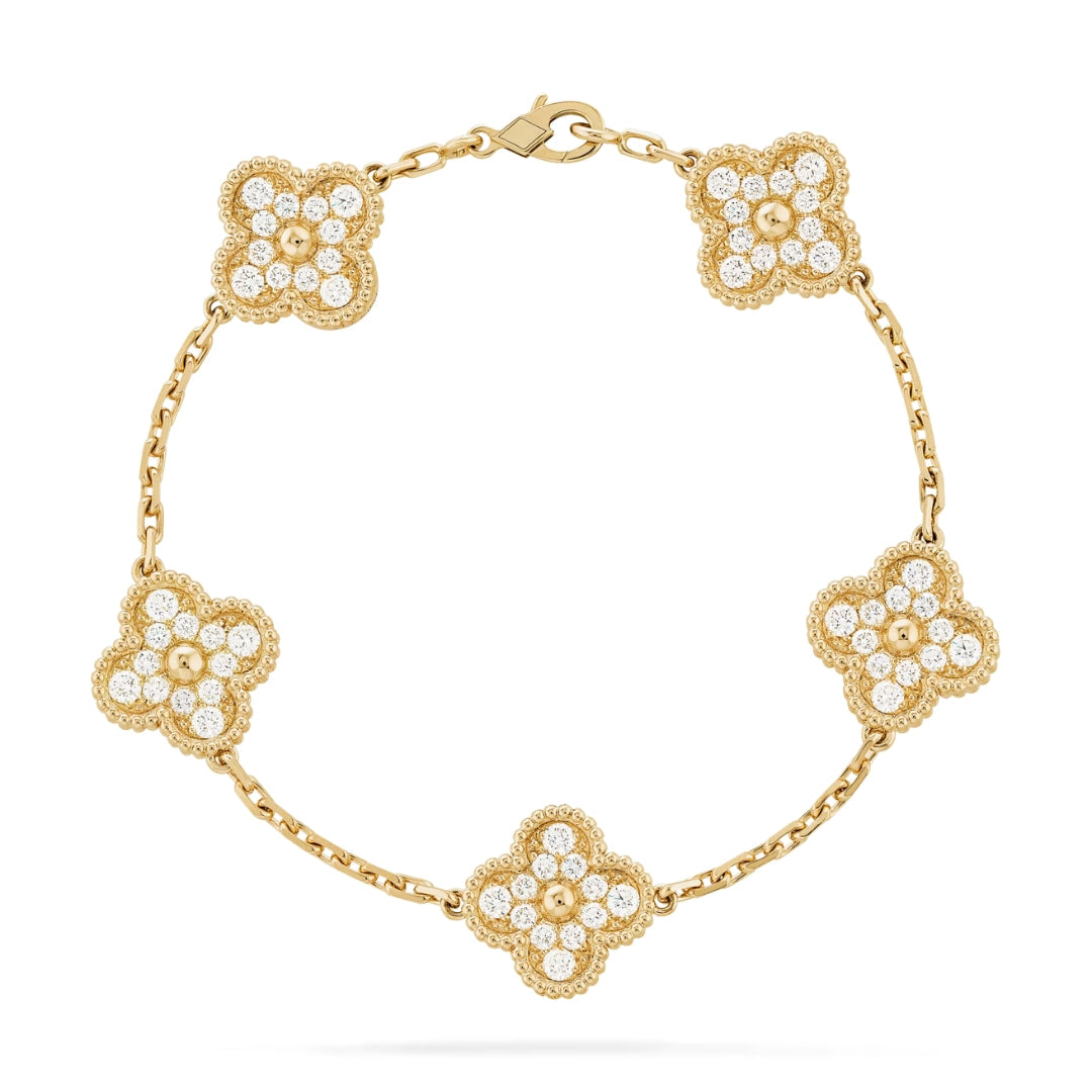 Van Cleef & Arpels Vintage Alhambra Bracelet 5 Motifs Full Diamonds 18K Yellow Gold