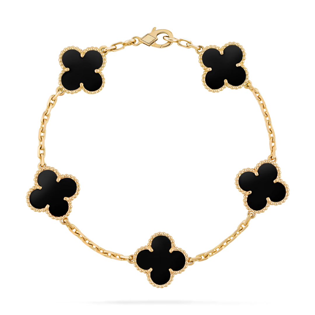 Van Cleef & Arpels Vintage Alhambra Bracelet 5 Motifs Onyx 18K Yellow Gold