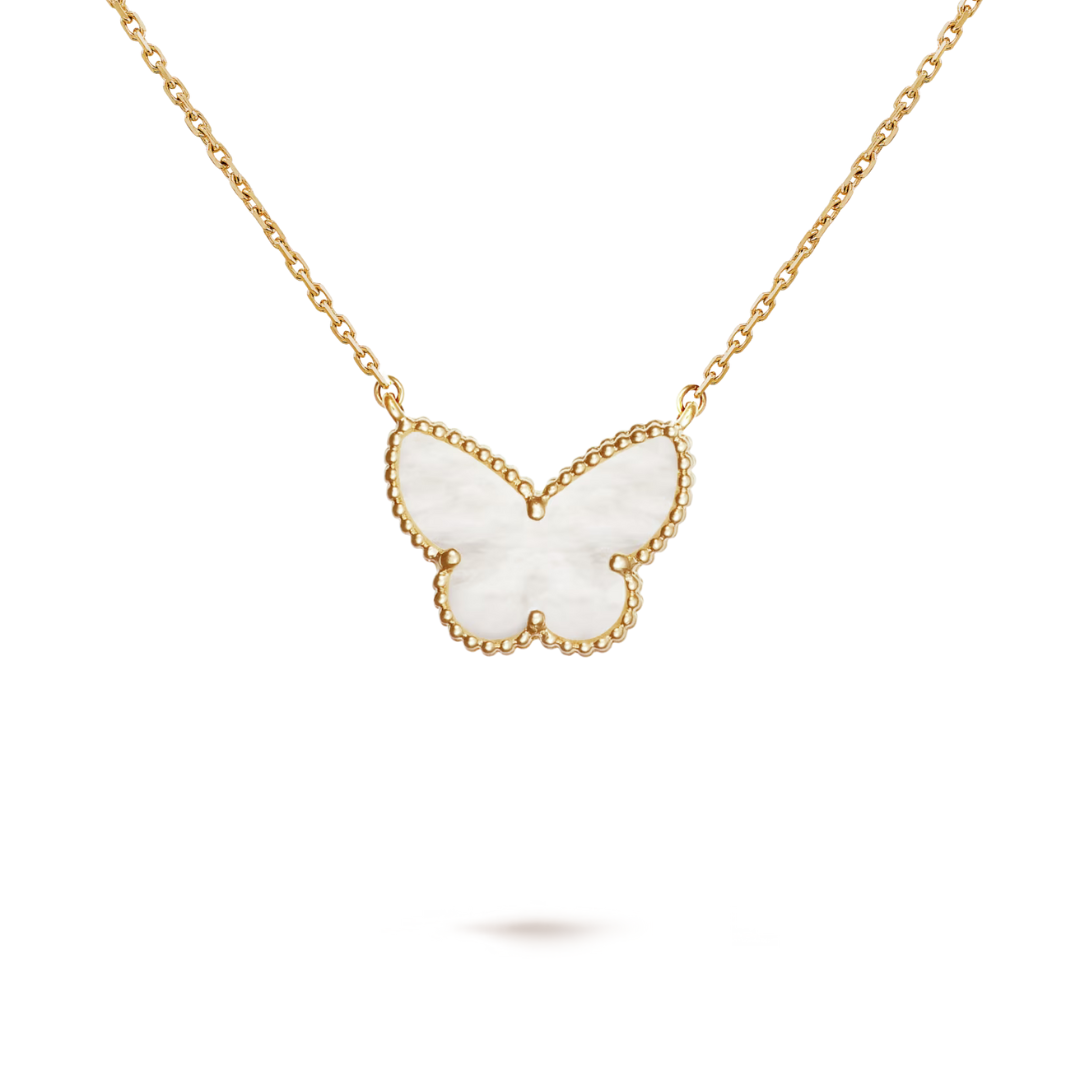 Van Cleef & Arpels Lucky Vintage Alhambra Butterfly Pendant White Mother-Of-Pearl Butterfly 18K Yellow Gold