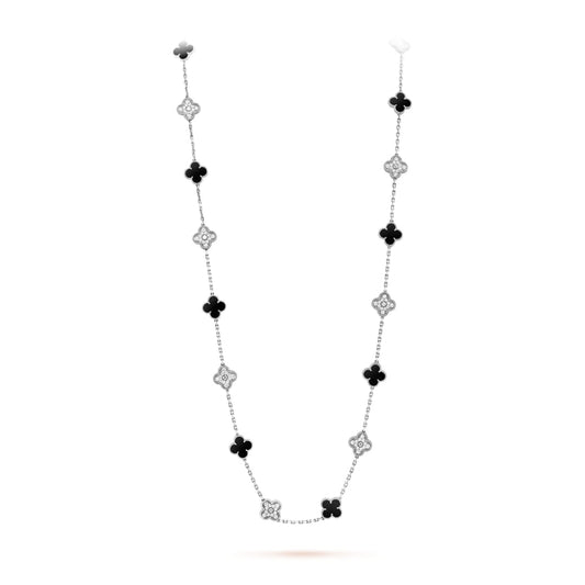 Van Cleef & Arpels Vintage Alhambra Necklace 20 Motifs Onyx Diamond 18K White Gold