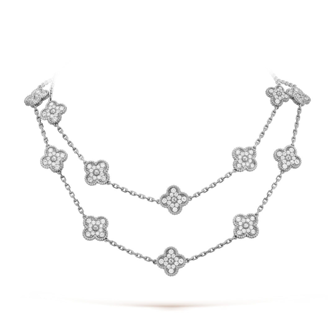 Van Cleef & Arpels Vintage Alhambra Necklace 20 Motifs Diamonds 18K White Gold
