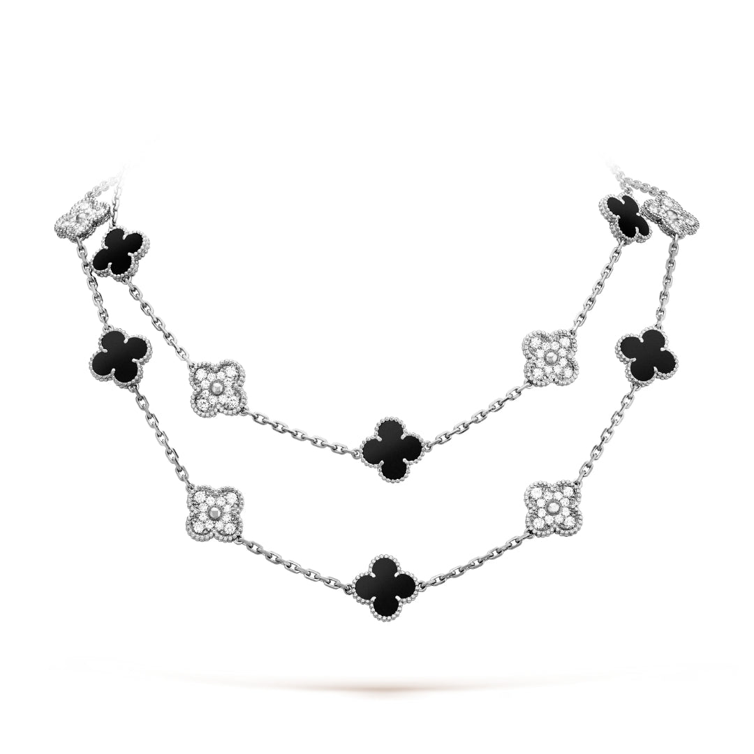 Van Cleef & Arpels Vintage Alhambra Necklace 20 Motifs Onyx Diamond 18K White Gold