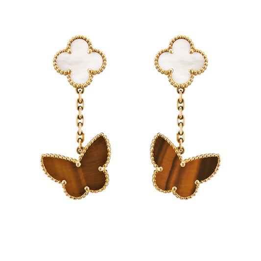Van Cleef & Arpels Lucky Alhambra Earrings 2 Motifs Mother-Of-Pearl and Tiger Eye 18K Yellow Gold