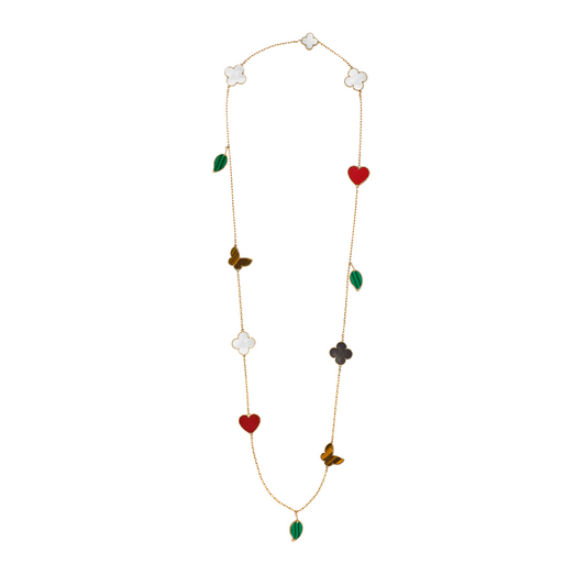 Van Cleef & Arpels Lucky Alhambra Long Necklace 12 Motifs Carnelian, Malachite, Mother-Of-Pearl and Tiger Eye 18K Yellow Gold