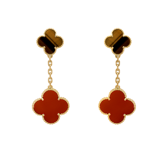 Van Cleef & Arpels Magic Alhambra Earrings 2 Motifs Carnelian and Tiger Eye 18K Yellow Gold