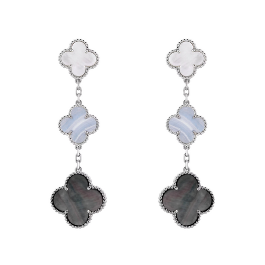 Van Cleef & Arpels Magic Alhambra Earrings 3 Motifs Chalcedony and Mother-Of-Pearl 18K White Gold