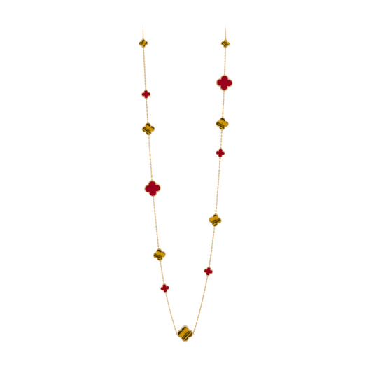 Van Cleef & Arpels Magic Alhambra Long Necklace 16 Motifs Carnelian and Tiger Eye 18K Yellow Gold