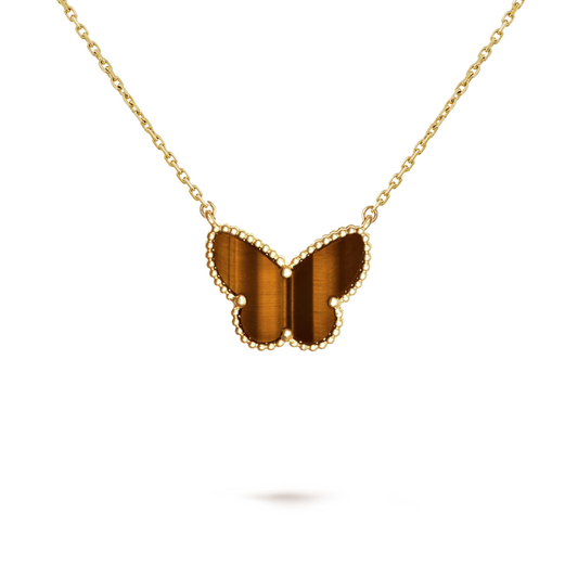 Van Cleef & Arpels Lucky Vintage Alhambra Butterfly Pendant Tiger Eye 18K Yellow Gold