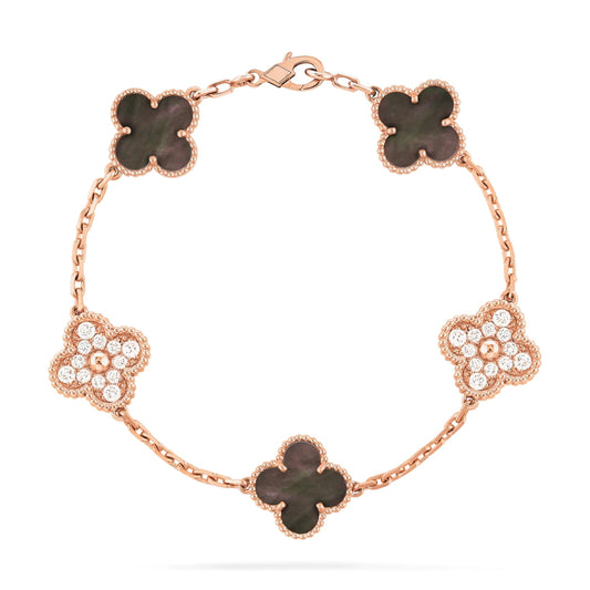 Van Cleef & Arpels Vintage Alhambra Bracelet 5 Motifs Diamond Mother-Of-Pearl 18K Rose Gold