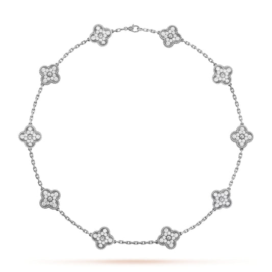 Van Cleef & Arpels Vintage Alhambra Necklace 10 Motifs Full Diamonds 18K White Gold