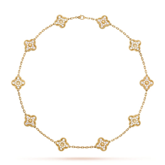 Van Cleef & Arpels Vintage Alhambra Necklace 10 Motifs Full Diamonds 18K Yellow Gold