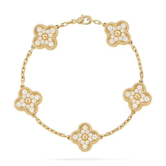 Van Cleef & Arpels Vintage Alhambra Bracelet 5 Motifs Full Diamonds 18K Yellow Gold