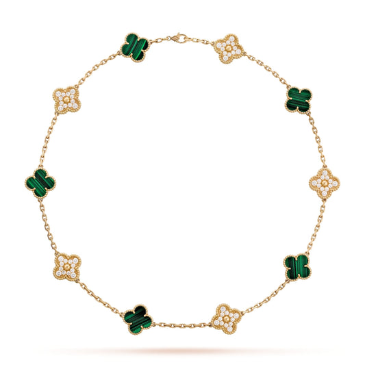 Van Cleef & Arpels Vintage Alhambra Necklace 10 Motifs Diamonds Malachite 18K Yellow Gold