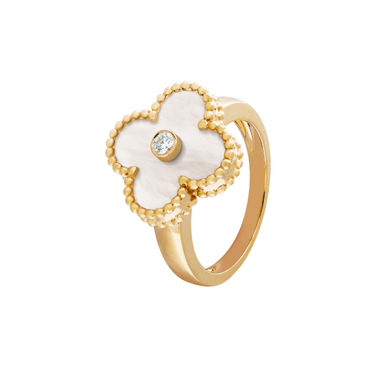 Van Cleef & Arpels Vintage Alhambra Ring 1 Diamond and Mother-Of-Pearl 18K Yellow Gold