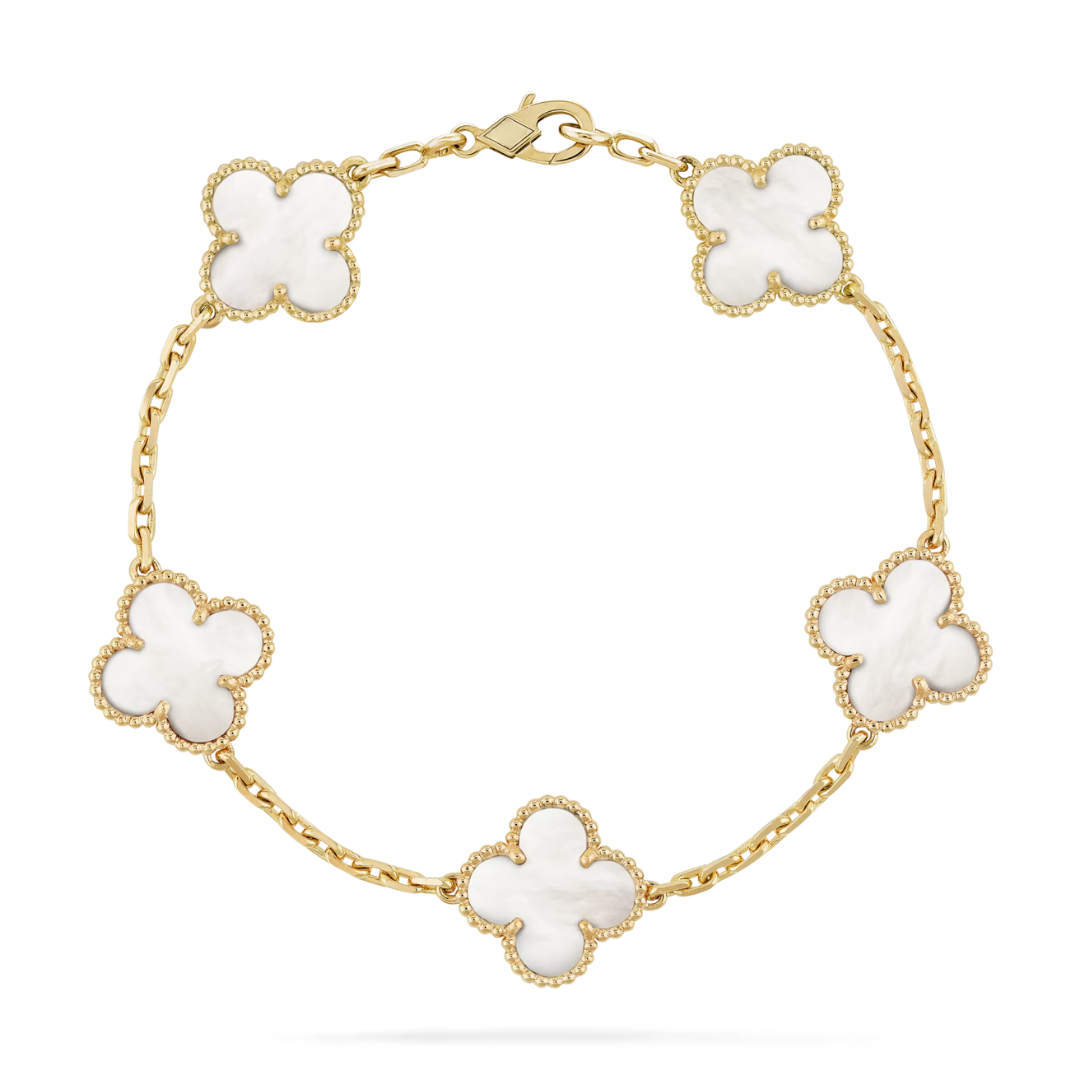Van Cleef & Arpels Vintage Alhambra Bracelet 5 Motifs White Mother-Of-Pearl 18K Yellow Gold