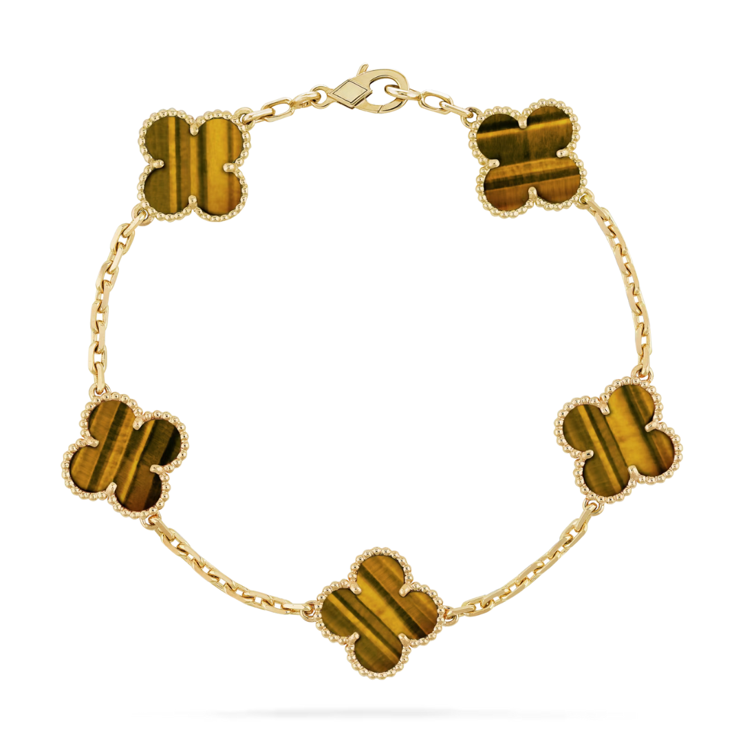 Van Cleef & Arpels Vintage Alhambra Bracelet 5 Motifs Tiger Eye 18K Yellow Gold