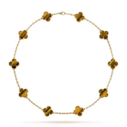 Van Cleef & Arpels Vintage Alhambra Necklace 10 Motifs Tiger Eye 18K Yellow Gold