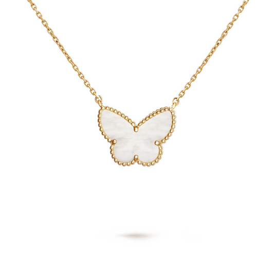 Van Cleef & Arpels Lucky Vintage Alhambra Butterfly Pendant White Mother-Of-Pearl Butterfly 18K Yellow Gold